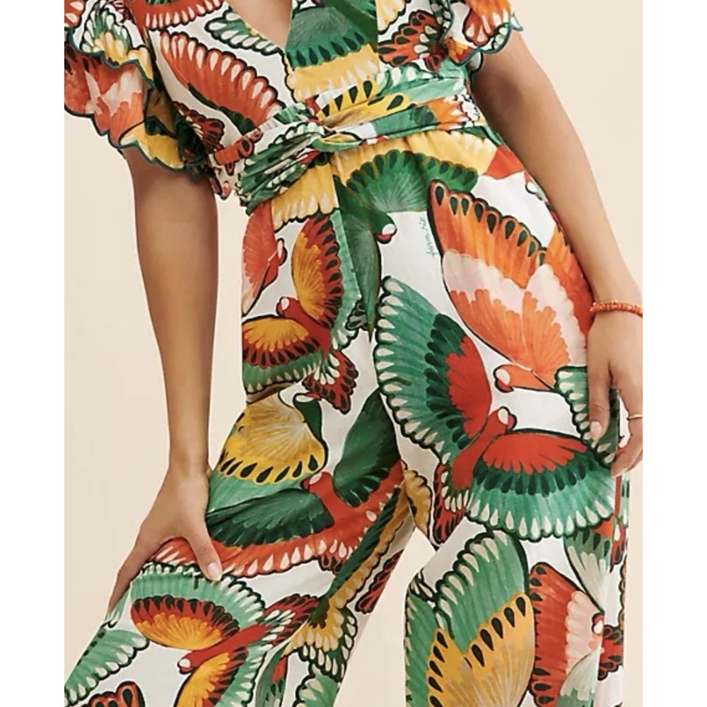 Farm Rio New Anthropologie Ruffle-Sleeve Linen Jumpsuit Size L - Picture 7 of 16